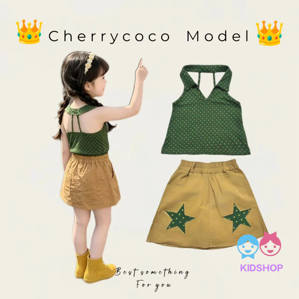 ชุดสูทผ้าฝ้ายแท้สําหรับเด็กผู้หญิงสไตล์ใหม่/ฤดูร้อนสาวลายจุดด้านบน + กระโปรงคาร์โกสูทสองชิ้น