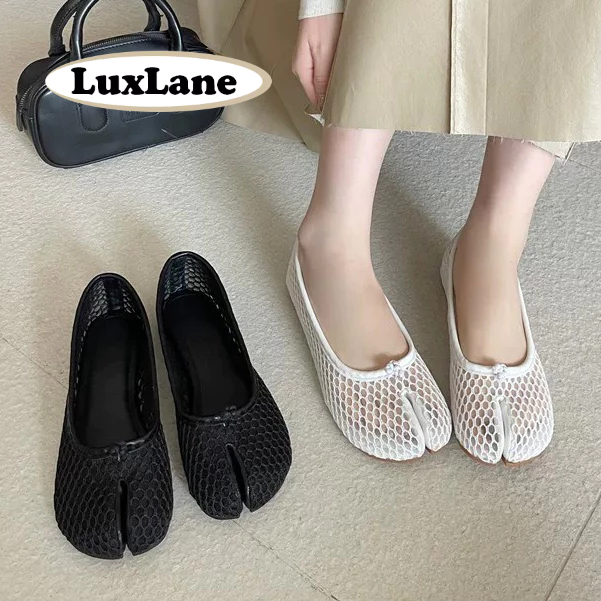 S.LuxLane French Mesh Breathable Tabi Ballet Flats – Split Toe Slip On Casual Mary Jane Doll Shoes for Women (สีดํา/ขาว, ขนาด 35-40)
