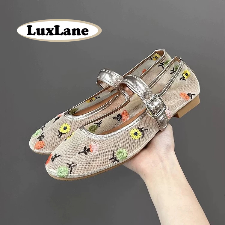 S.LuxLane ปักดอกไม้ตาข่าย Mary Jane Flats – Breathable One-Strap Ballet Doll รองเท้าสําหรับผู้หญิงรองเท้าวันหยุดฤดูร้อน (สีเบจ, ขนาด 35-40)