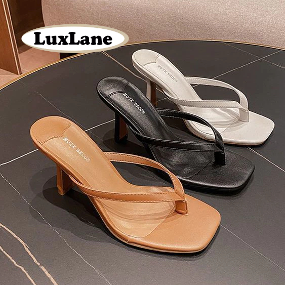 S.LuxLane 7 ซม.Stiletto Thong Heels for Women – Square Toe High Heel Slide Sandals for Holiday Beach Party (สีดํา/น้ําตาล,ไซส์ 35-40)