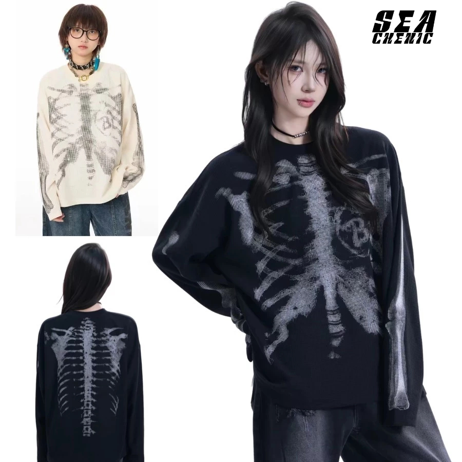 SEACHENIC เสื้อยืดแขนยาวขนาดใหญ่ย้อนยุคพิมพ์ลายโครงกระดูกสร้างสรรค์สําหรับเยาวชนแฟชั่น