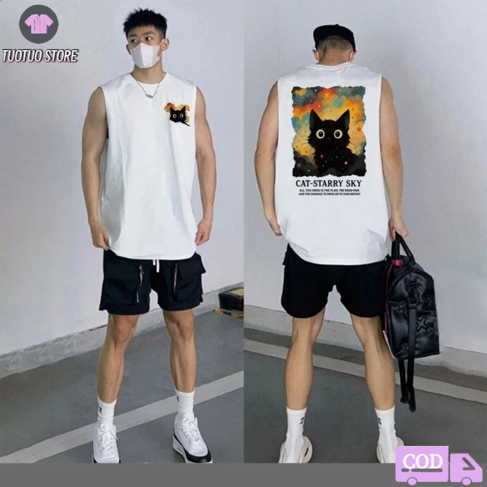 TUOTUO [COD] เสื้อแขนกุด คาร์ดิแกนโอเวอร์ไซส์ ผ้าคอตตอน 100% cat Print S-3XL