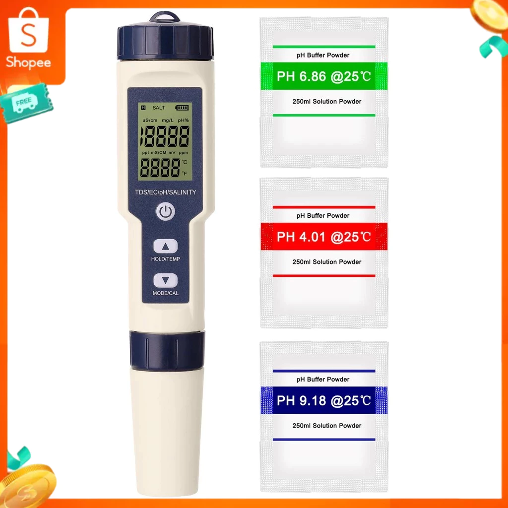 EZ-9909 5-in-1 เครื่องทดสอบคุณภาพน้ำ – pH/EC/TDS/ความเค็ม/อุณหภูมิ มีดิจิตอลปากกาทดสอบแบบพกพา ปรับเทียบอัตโนมัติ ATC ทนน้ำ IP67 พร้อมแบตเตอรี่