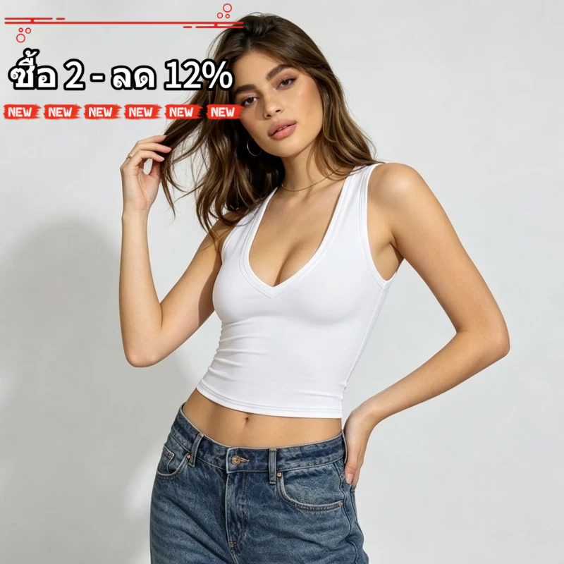 ฤดูร้อนใหม่สบายๆเซ็กซี่สลิมฟิตเสื้อกั๊กสั้นคอวีสายกีฬาด้านบน