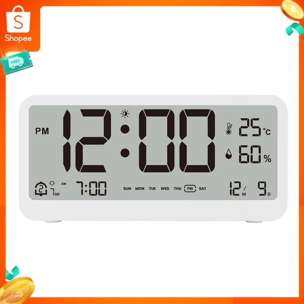 นาฬิกาปลุกดิจิตอล LCD 8001-EN นาฬิกาดิจิตอลมัลติฟังก์ชั่น LED ความสว่างปรับอุณหภูมิความชื้นจอแสดงผลนาฬิกาปลุกโหมดปลุกคู่, จอแสดงผลสัปดาห์และเดือน,