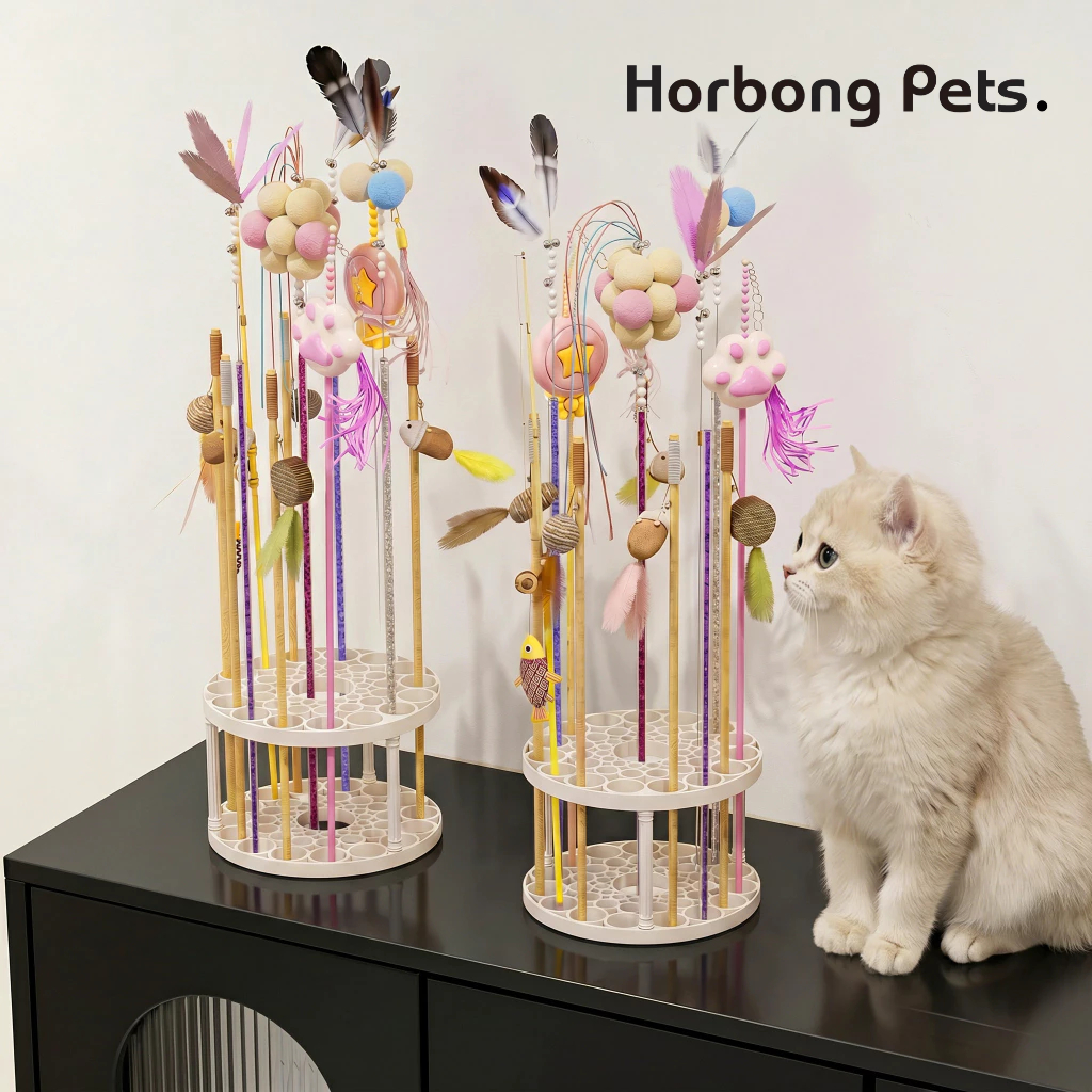 【Horbong Pets】ที่เก็บไม้ล่อแมว ถังเก็บของเล่นแมว 2ชั้น มีรูหลายรู ชั้นวางแนวตั้งบนโต๊ะ อุปกรณ์จัดระเบียบสัตว์เลี้ยง