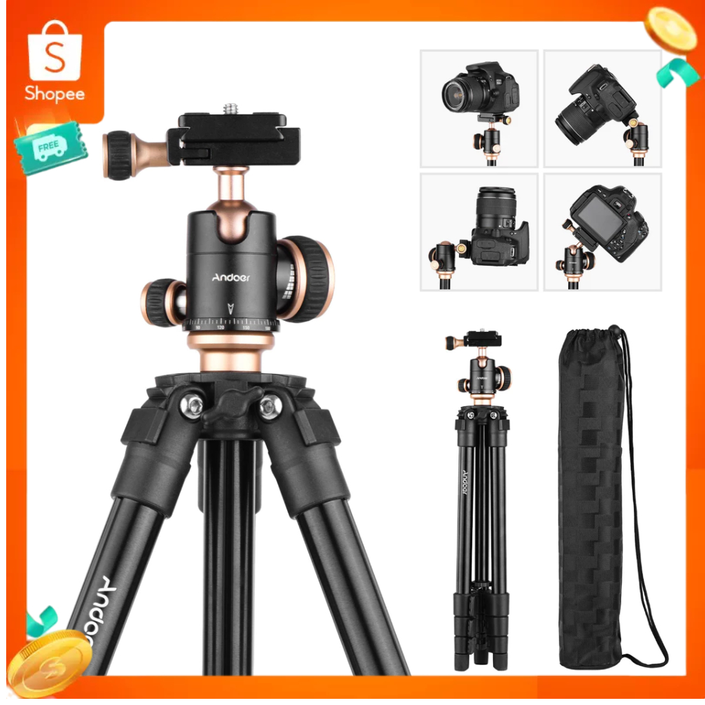 Andoer Q160SA ขาตั้งกล้องสามขา พร้อมหัวบอลพาโนรามา แบบพกพา ปรับระดับความสูงได้ สําหรับกล้อง DSLR กล้