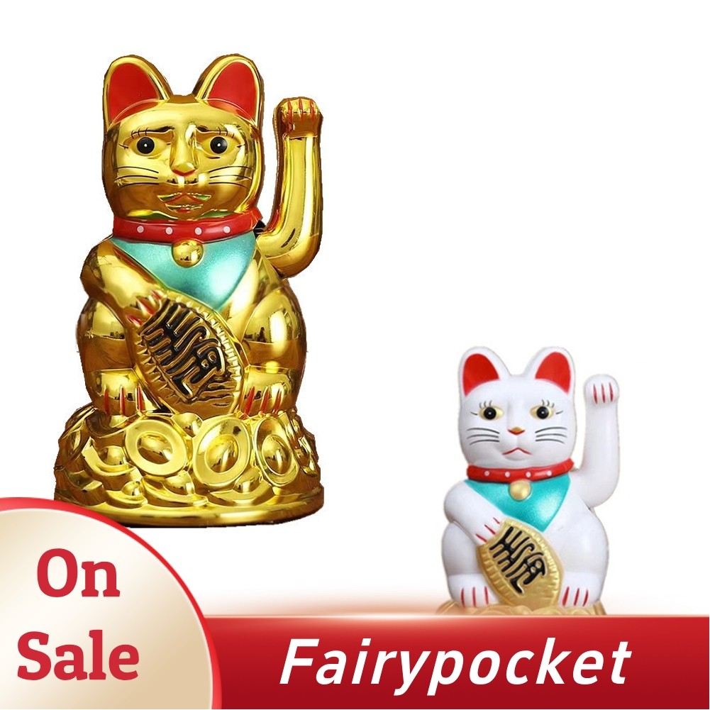 [FBT]จีน Lucky Waving Cat Beckoning Maneki Neko Gold Fortune Feng Shui 6.5\" นิ้ว