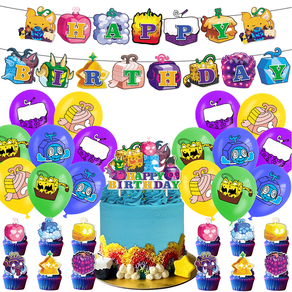 Blox Fruits Birthday Party ตกแต่งรวมทั้งแบนเนอร์ Cupcake Toppers ลูกโป่ง