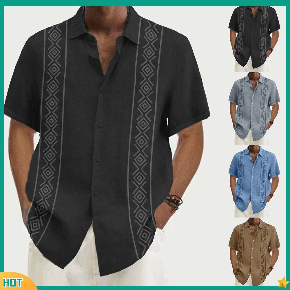 xk11 Men Hawaiian พิมพ์แขนสั้นเสื้อหลวมเสื้อ Top Party Beachwear วันหยุด