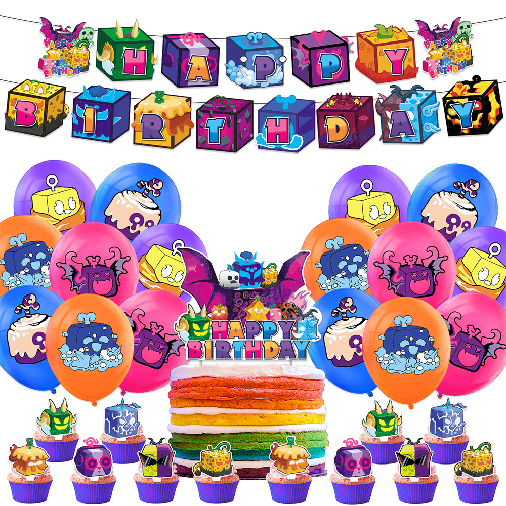 30 ชิ้น Blox Fruits Theme Party Supplies รวมแบนเนอร์ Cupcake Toppers ลูกโป่ง