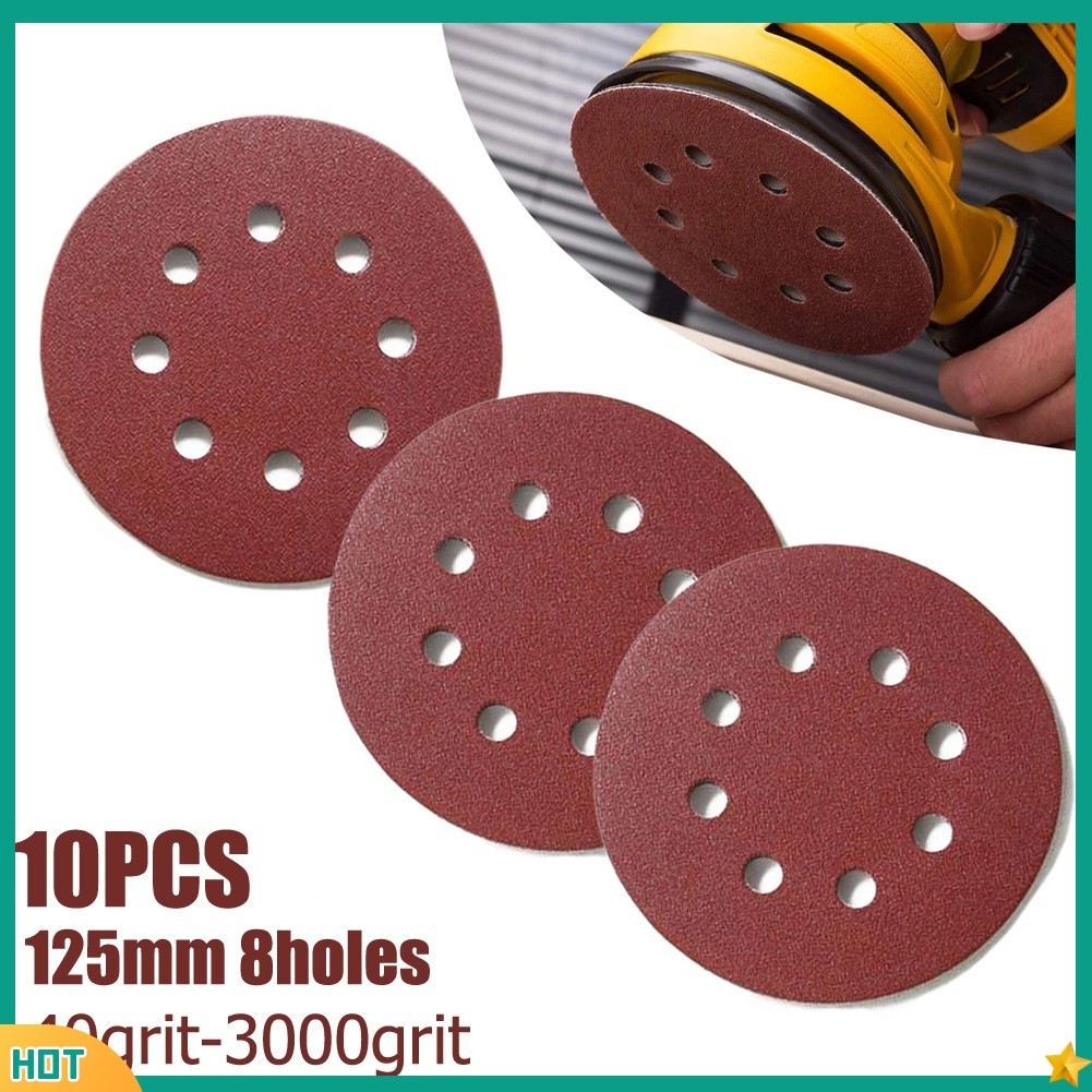 JL 10PCS 5 นิ้ว 125 มม.กระดาษทรายกลม 8 หลุมแผ่นทราย 40-3000grit