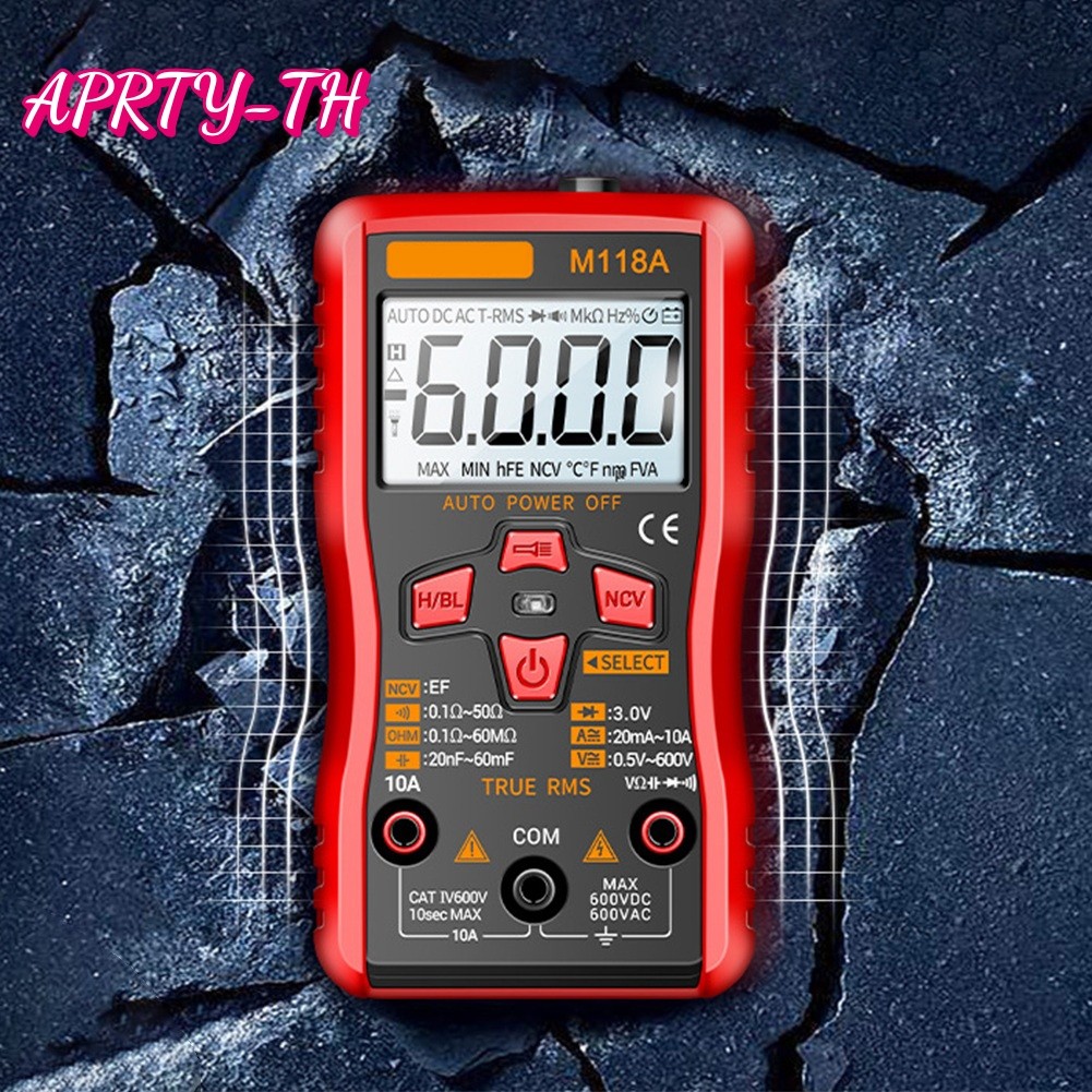 APRTY M118A สําหรับมัลติมิเตอร์แบบดิจิตอลขนาดเล็ก 6000 นับเครื่องทดสอบแรงดันไฟฟ้า DC/AC อัตโนมัติ