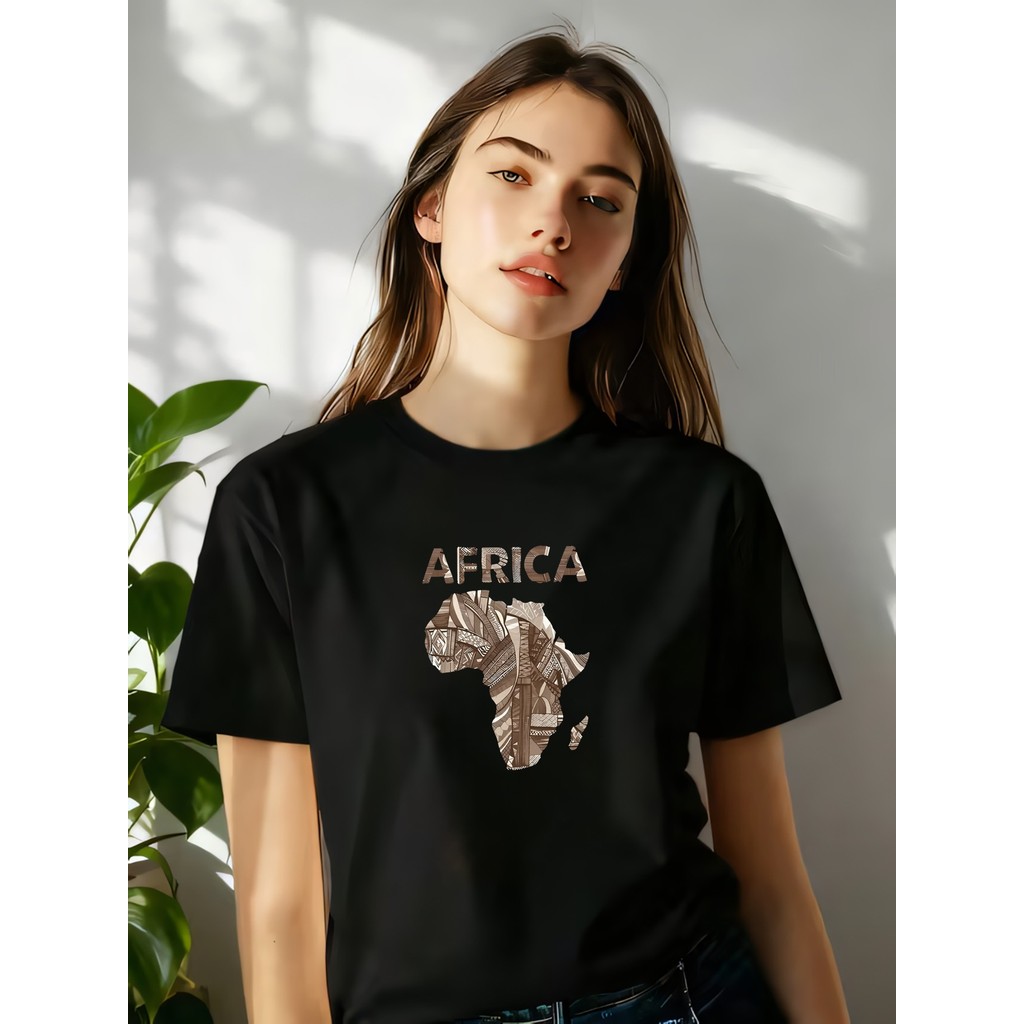 เสื้อยืดแขนสั้นพิมพ์ลายกราฟิก - Africa Map Design Unisex Cotton 100% Soft & Breathable, Casual Trave