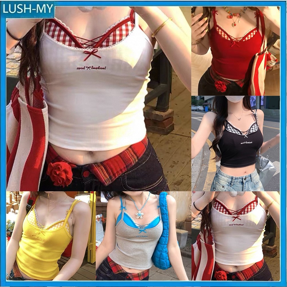 2.3 Dopamine Vibrant Plaid Cross-Over Camisole Top สําหรับผู้หญิง