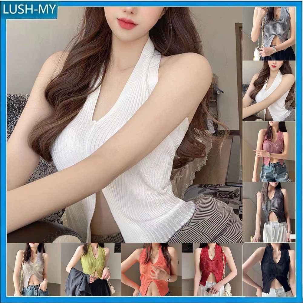 2.3 ผู้หญิง Y2K เสื้อ Ribbed เสื้อกล้ามผู้หญิง Cropped ถัก Halter Tops Camis Tube Tops