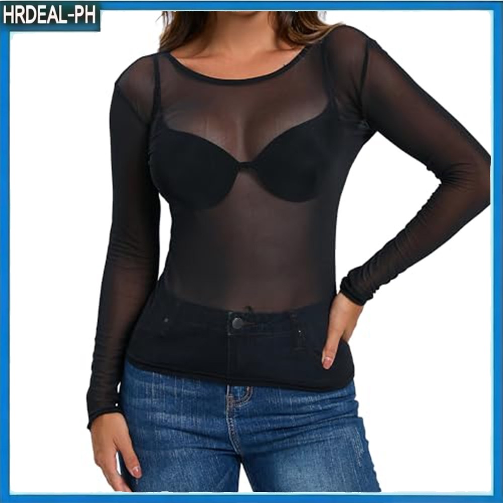 HRD ผู้หญิงสีทึบแฟชั่นรอบคอสบายๆดูผ่านตาข่ายแขนยาว Top