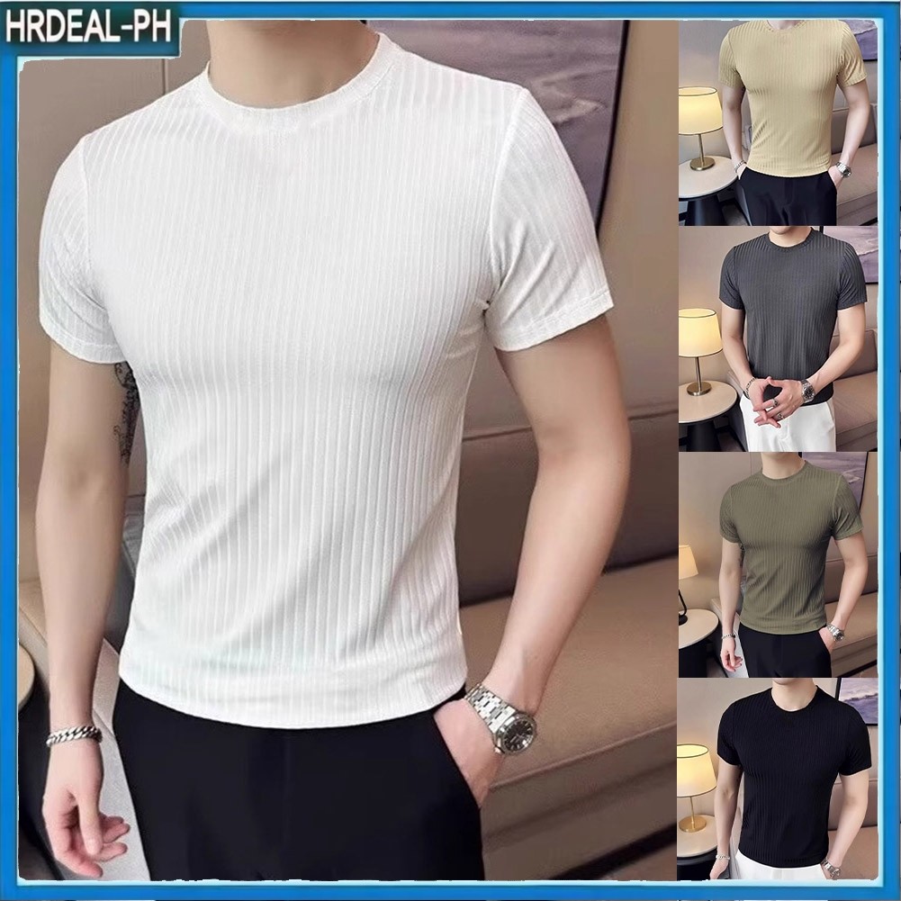 HRD Men Slim Fit เสื้อยืดแขนสั้น Breathable Ribbed ลูกเรือคอยืดบางด้านบน