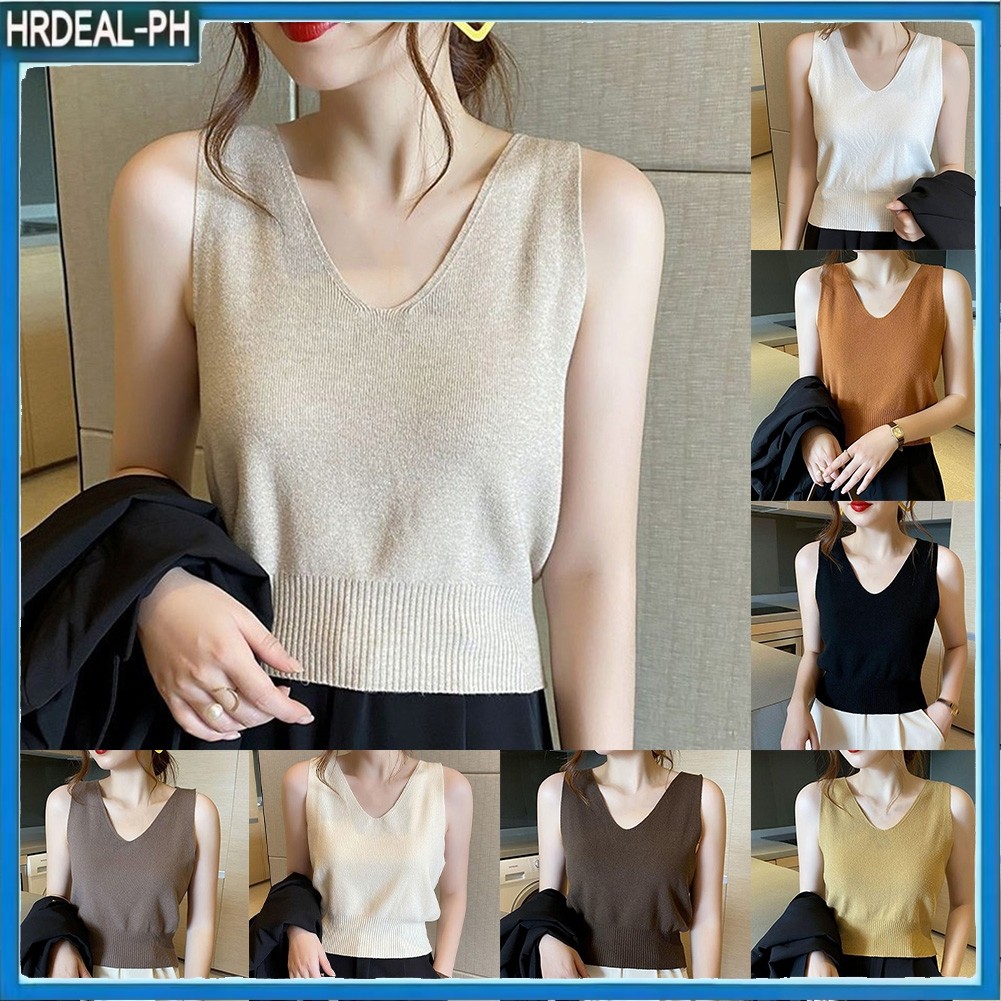 HRD ผู้หญิง V คอถัก Camisole Vests แขนกุด Slim Fit Innerwear เสื้อกล้าม