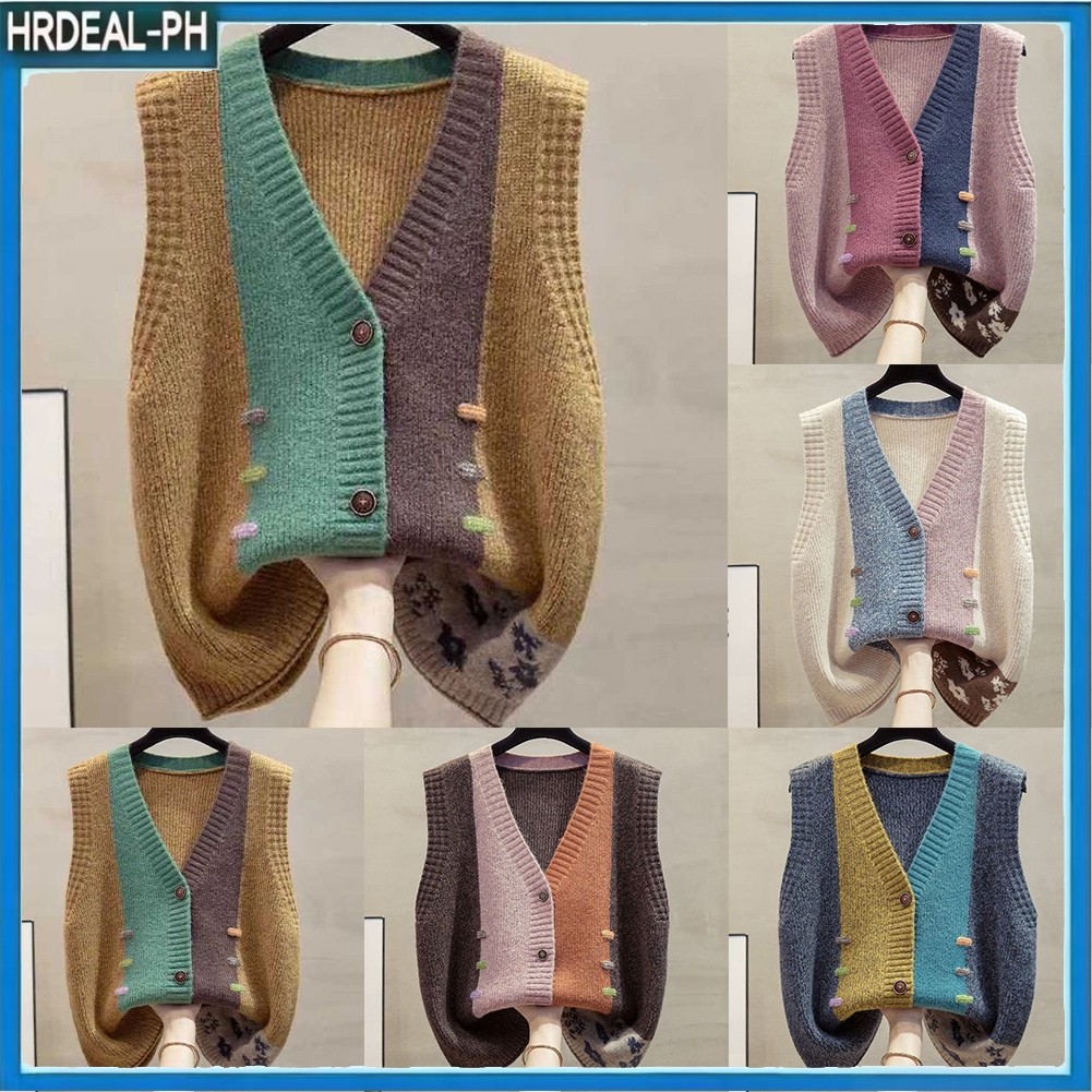 HRD ผู้หญิงปุ่ม V คอแขนกุดเสื้อกันหนาว Tank Tops หลวมถักเสื้อสเวตเตอร์ถัก