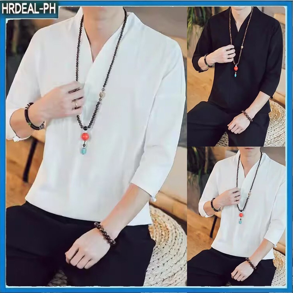 HRD Men จีนแขนสามในสี่เสื้อ Vintage V คอ Casual เสื้อยืด Base Top