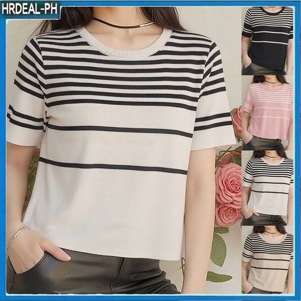 HRD Womens Casual ถักรอบคอลายเสื้อยืดแขนสั้น Tee Bottom Top