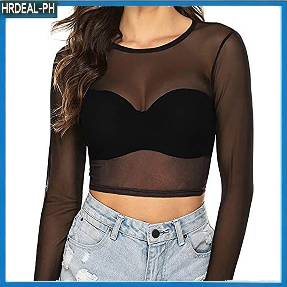 HRD ผู้หญิงสีทึบแฟชั่นรอบคอสั้นตาข่ายโปร่งใสแขนยาวด้านบน