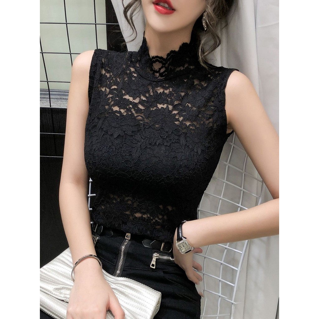 HRD Ladies สีทึบแฟชั่นลําลองครึ่งคอปกสูงลูกไม้เสื้อกั๊กกลวง