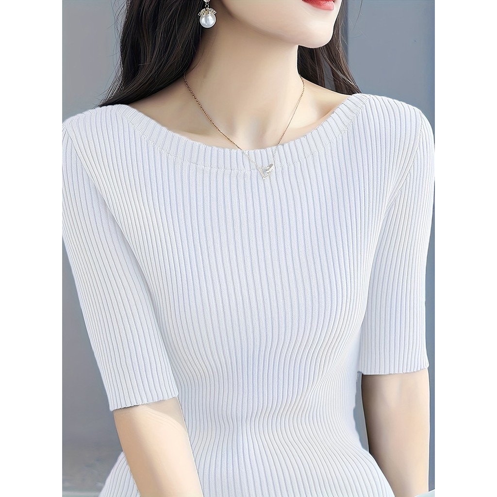 HRD ผู้หญิงสีทึบแฟชั่นสบายๆผ้าไหมน้ําแข็งบางรอบคอแขนสั้น Top