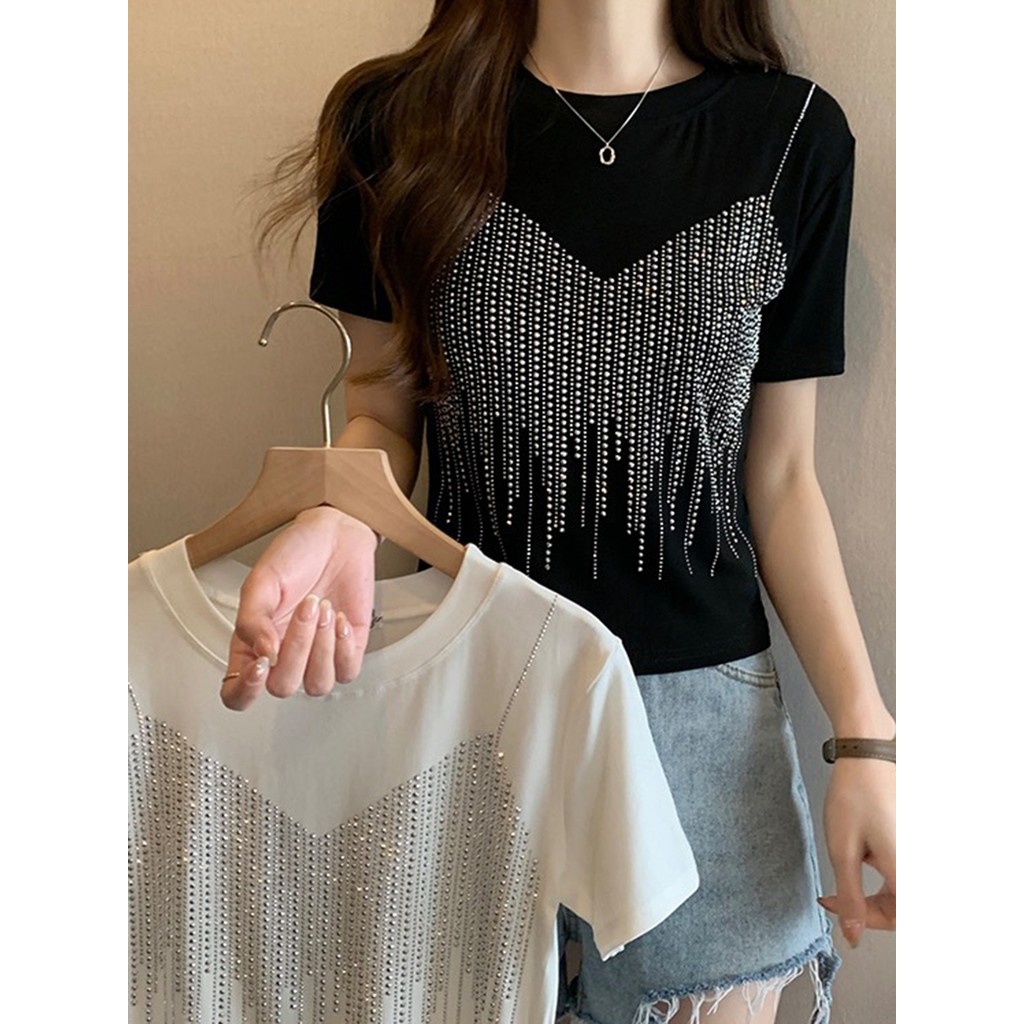 HRD ผู้หญิงสีทึบแฟชั่นสบายๆ Rhinestone รอบคอแขนสั้น Top