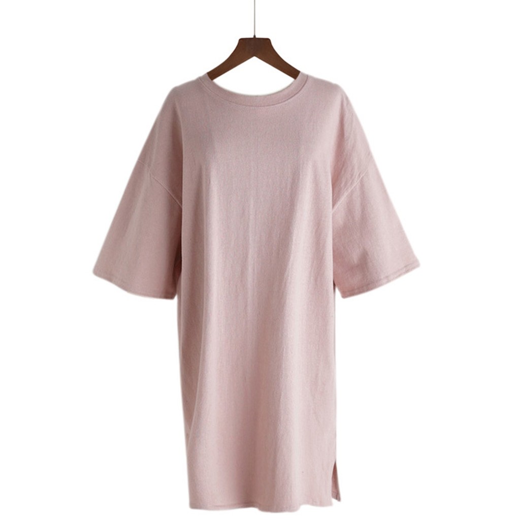 HRD ผู้หญิงสีทึบแฟชั่นสบายๆหลวมรอบคอแขนสั้น Long Top