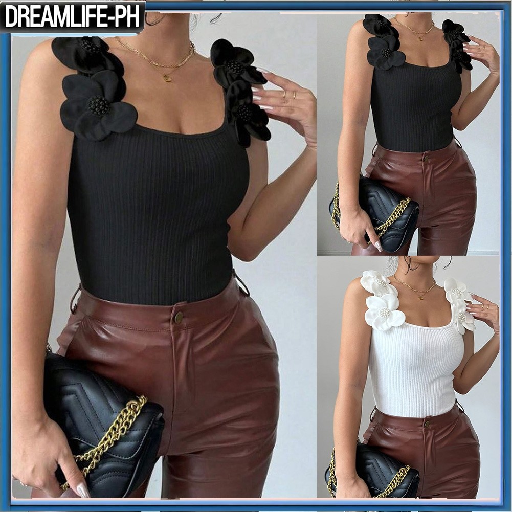 DDD ผู้หญิง Elegant ดอกไม้สายคล้องคอถักเสื้อกล้าม Camis Y2k Slim Fit Innerwear เสื้อกั๊ก