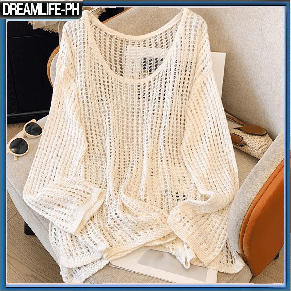 DDDผู้หญิงHollow Out O-คอยาวแขนยาวถักเสื้อยืดPulloverเสื้อกันหนาวหลวมด้านบน