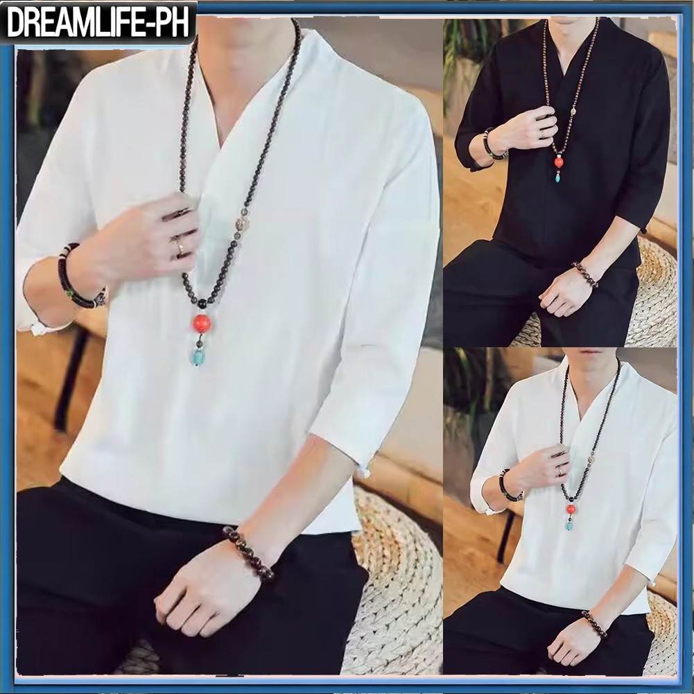 DDD Men จีนแขนสามในสี่เสื้อ Vintage V คอ Casual เสื้อยืด Base Top