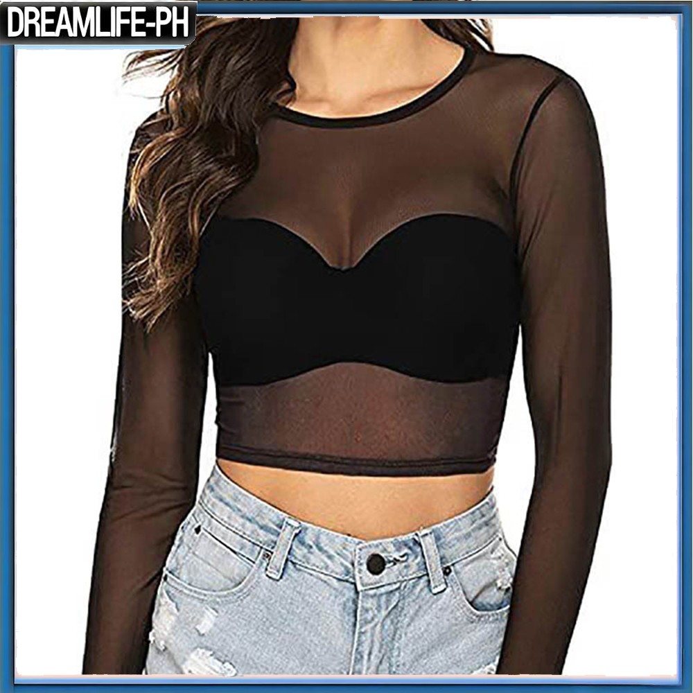 DDD ผู้หญิงสีทึบแฟชั่นรอบคอสั้นตาข่ายโปร่งใสแขนยาวด้านบน