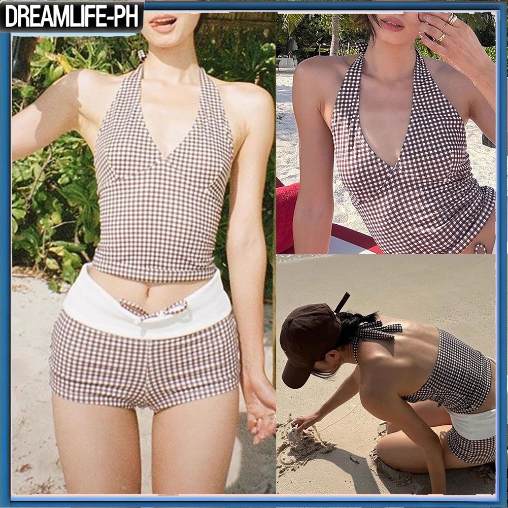 DDD ผู้หญิงเกาหลีลายสก๊อต Lace Up สายคล้องคอชุดว่ายน้ํา V คอ Slim Fit 2 ชิ้นชุดบิกินี่