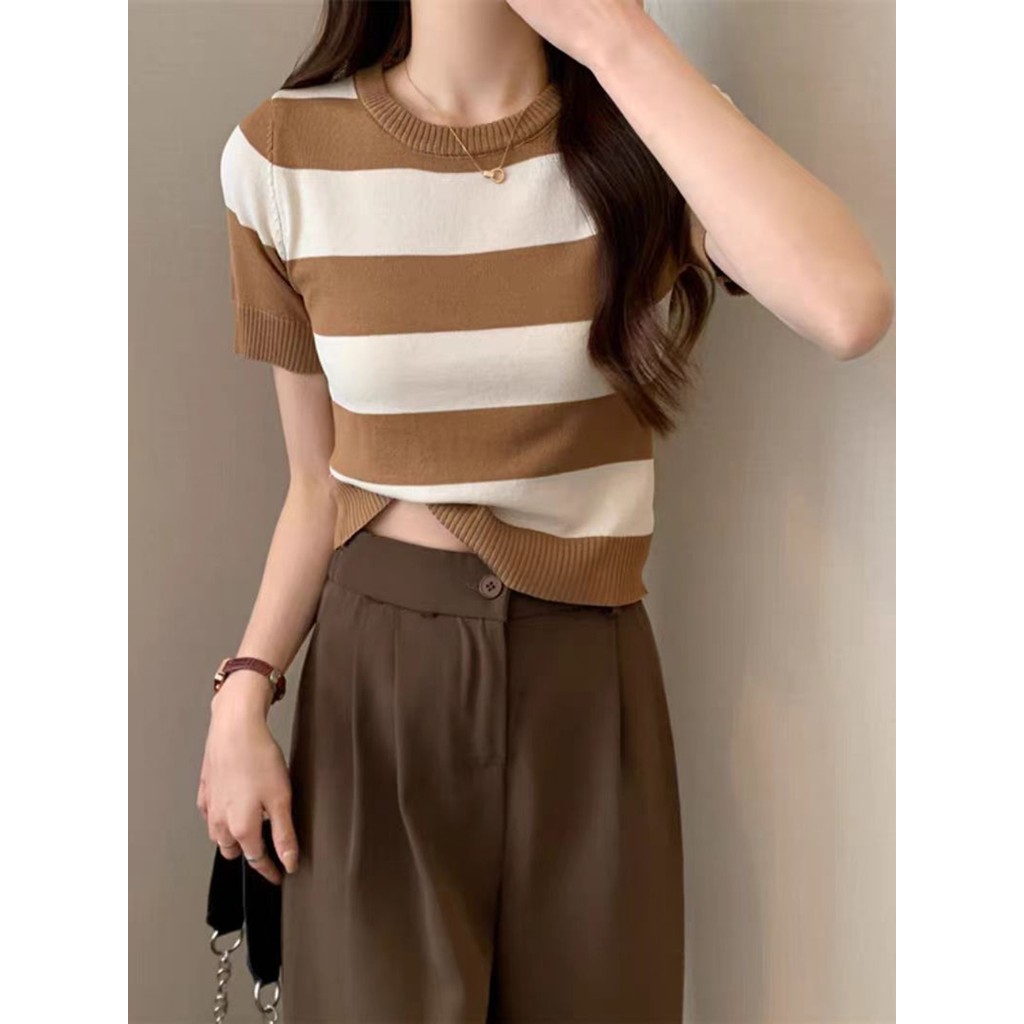 DDD Lady Striped Color Blocked พิมพ์แฟชั่นสบายๆรอบคอแขนสั้น Top