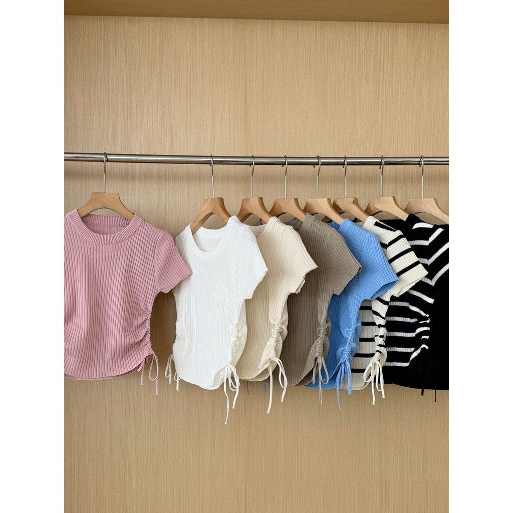 DDD ผู้หญิงสีทึบแฟชั่นลําลอง Drawstring แขนสั้นรอบคอถักด้านบน