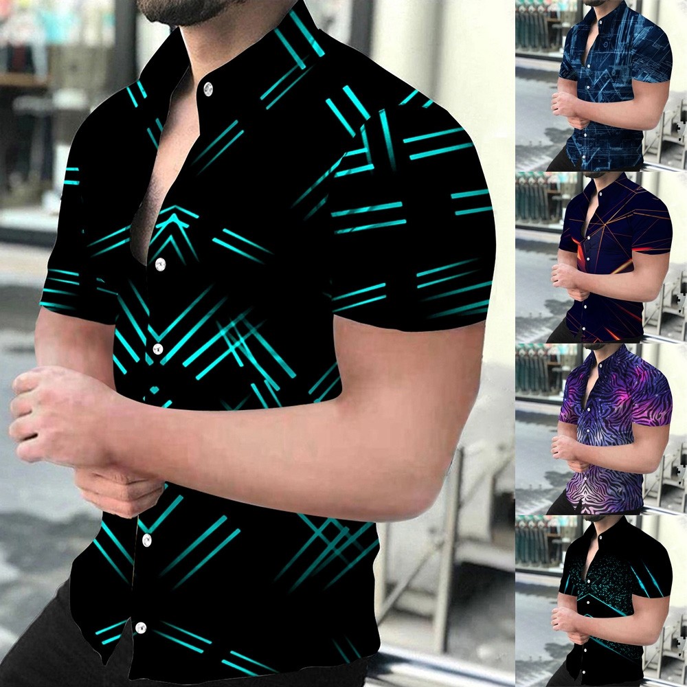 IN STOCKButton Down เสื้อผู้ชายแฟชั่นฟิตเนสแขนสั้น Casual Hawaiian T Tee Dress