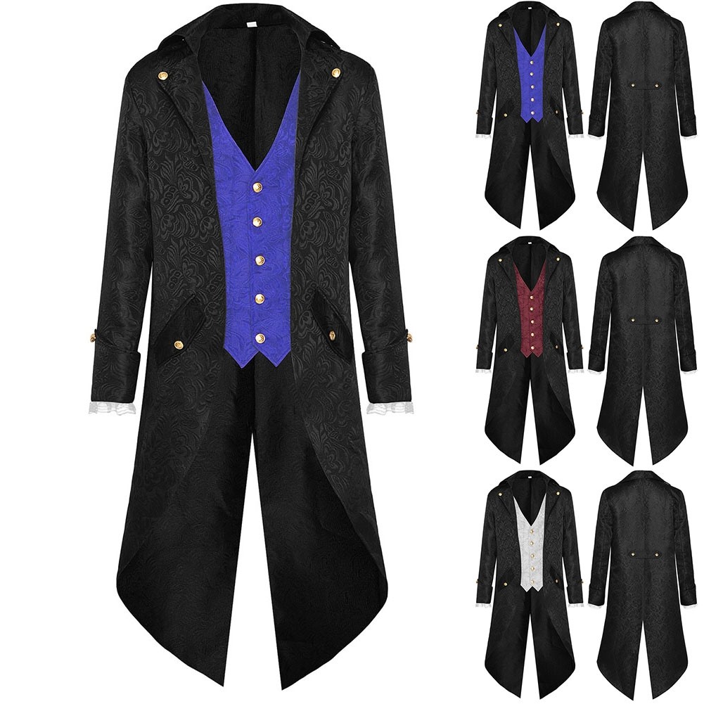 BESTSHEMen Steampunk Gothic ปัก Victorian Jacket Vintage Tailcoat Medieval Coat