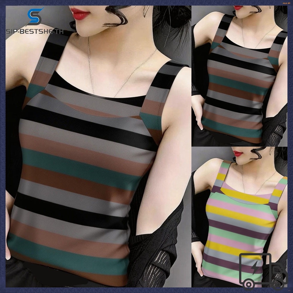 BESTSHEWomen Casual Strap Vest Stripe Slim Plus Size แขนกุด Camisole Tee Tank Top