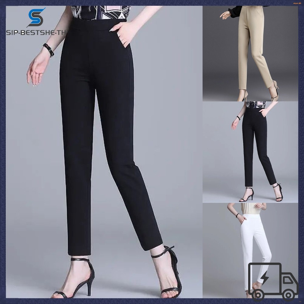 BESTSHEWomen Slim Office Lady Straight Pants เอวสูง Elastic Solid Pencil Pants