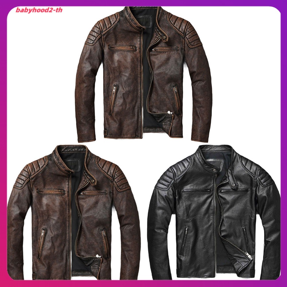 เสื้อคอเต่าผ้าฝ้าย combed
 Men Imatition Leather Retro Stand Collar Jacket PunkStyle Coat Motorcycle