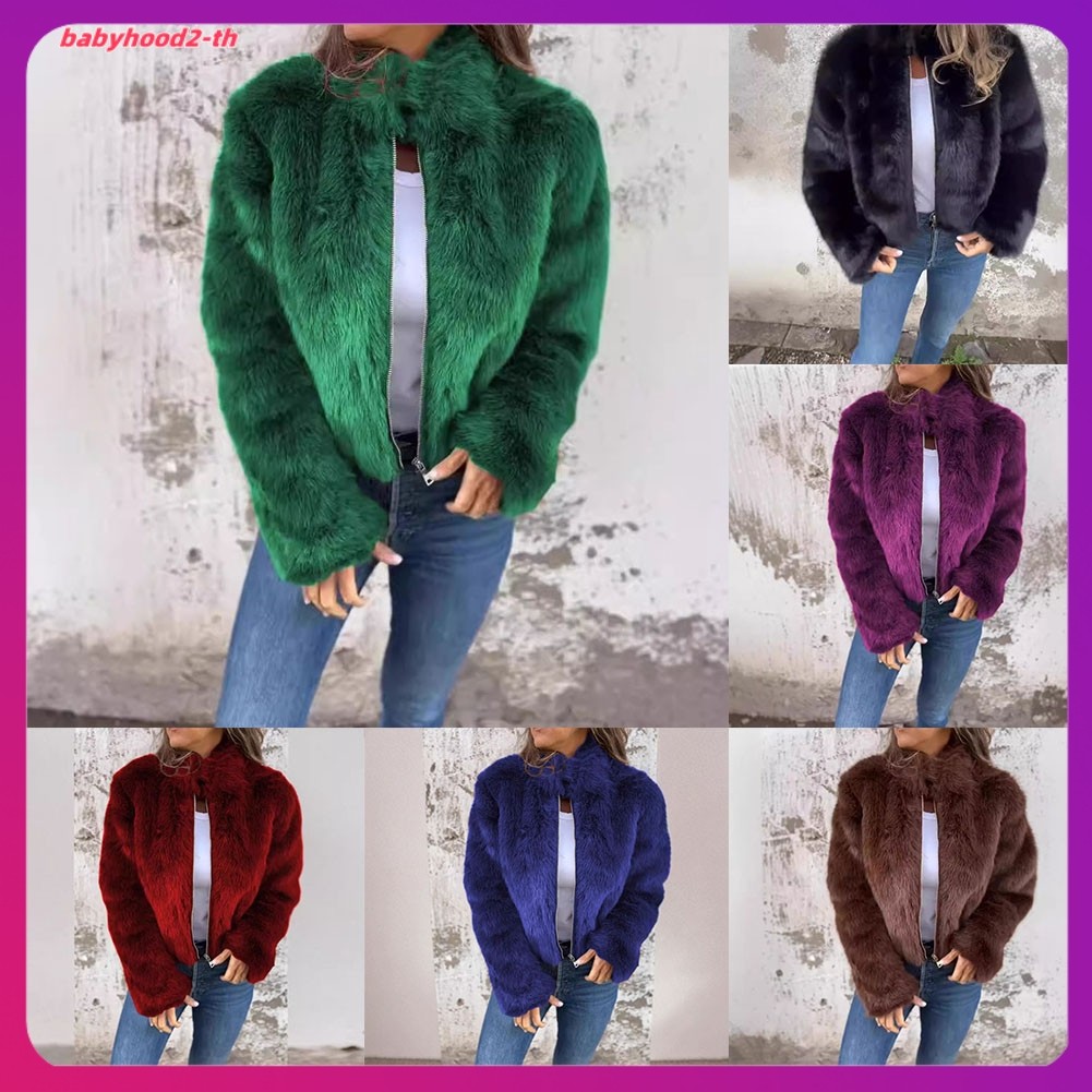 เสื้อคอเต่าผ้าฝ้าย combed
 ผู้หญิง Fluffy Coat Zip Jacket Stand Collar Velvet Coat High Street Jacke