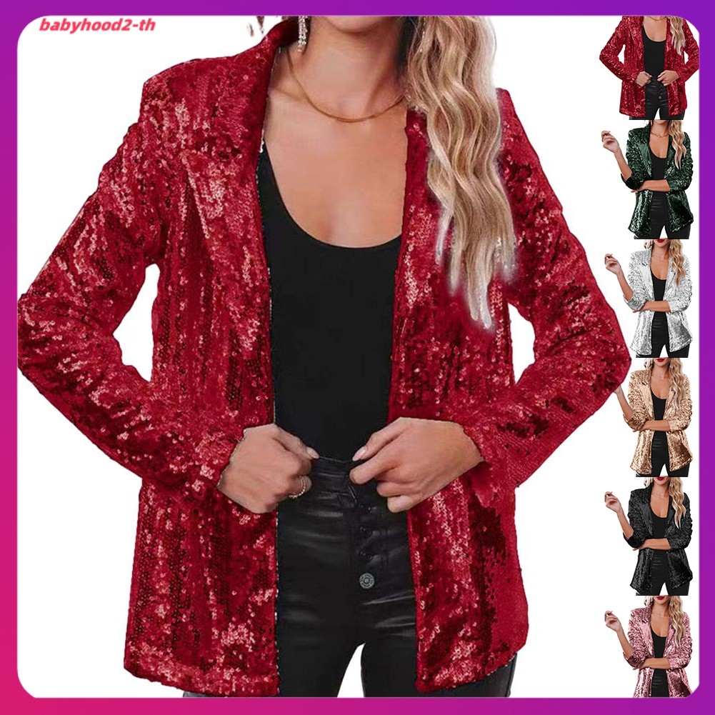 เสื้อคอเต่าผ้าฝ้าย combed
 ผู้หญิง Shinny Sequins Blazer Casual Party Jacket Coat Fall Rave Outerwea