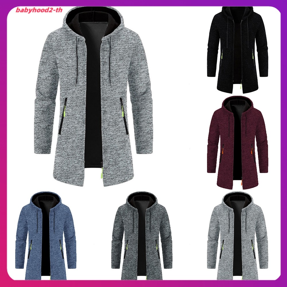 เสื้อคอเต่าผ้าฝ้าย combed
 ผู้ชายยาว Trench Coat Jacket Wind Breaker Hoodies สําหรับซิปคาร์ดิแกน Ove