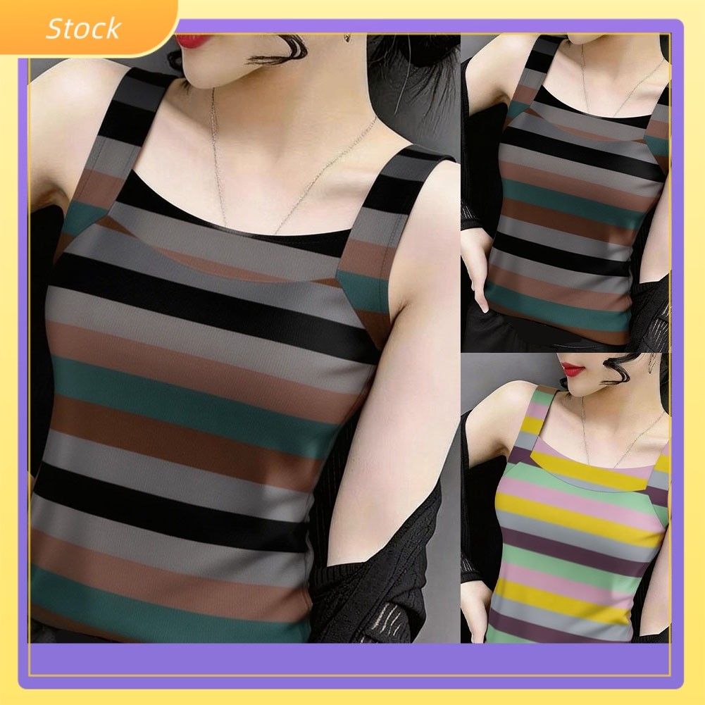 ELE-NEWWomen Casual Strap Vest Stripe Slim Plus Size แขนกุด Camisole Tee Tank Top