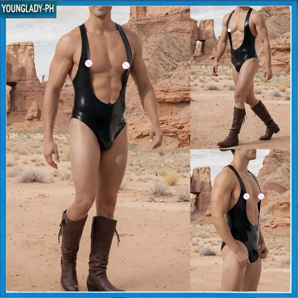 Clearance Men Cloth Latex Tight Bodysuit PU Tanktops Clubwear Gay Zip Pouch One-piece Suit