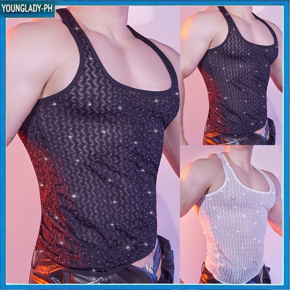 Clearance Mens Wave Pattern Strap Tank Top High Elastic Vest Undershirt Sleeve Tee