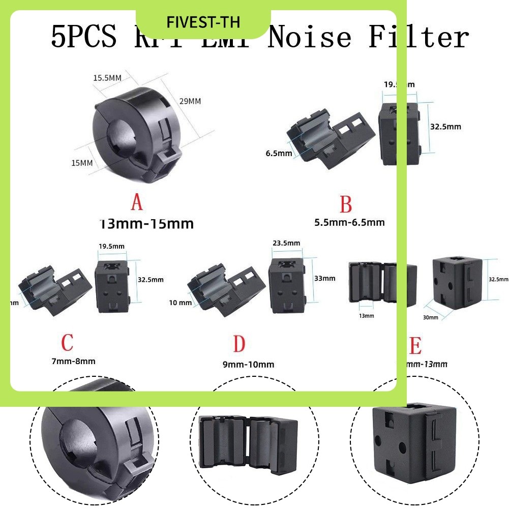 IN สต็อก5PCS Black Clip-on RFI Noise Filter Ferrite Core Anti- Ring